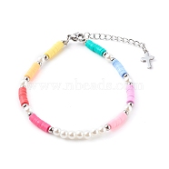 Polymer Clay Heishi Beaded Bracelets, with ABS Plastic Imitation Pearl Beads and 304 Stainless Steel Lobster Claw Clasps, Stainless Steel Color, Colorful, 7-1/8 inch(18.2cm)(BJEW-JB06131)
