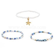 3Pcs 3 Style Glass Seed & ABS Plastic Pearl & Evil Eye Beaded Stretch Bracelets Set, Brass Starfish Charms Stackable Bracelets for Women, Mixed Color, Inner Diameter: 2 inch(5.2cm), 1Pc/style(BJEW-JB09358)
