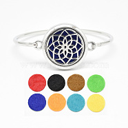 Brass Diffuser Locket Bangles, with Alloy Findings, Flower 304 Stainless Steel Findings and Random Single Color Non-Woven Fabric Cabochons Inside, Magnetic, Flat Round, Random Single Color, 2-3/8 inch(60mm)(BJEW-Q691-07)