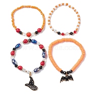 4Pcs 4 Style Polymer Clay Disc & Glass Beaded Stretch Bracelets Set, Bat & Witch Hat Alloy Enamel Charms Stackable Bracelets for Halloween, Mixed Color, Inner Diameter: 2~2-1/8 inch(5.2~5.4cm), 1Pc/style(BJEW-JB09431)