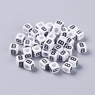 Acrylic Horizontal Hole Letter Beads, Cube, White, Letter B, Size: about 6mm wide, 6mm long, 6mm high, hole: about 3.2mm, about 2600pcs/500g(PL37C9308-B)