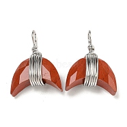 Natural Red Jasper Copper Wire Wrapped Pendants, Faceted Horn Charms, Platinum, 23x17.5x8mm, Hole: 3x5mm(G-B079-01P-03)