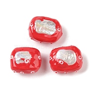 Natural Pearl Enamel Beads, Hand Drawn Beads, Rectangle, Red, 25~28x20~22x14~16mm, Hole: 1.4mm(PEAR-G014-01)