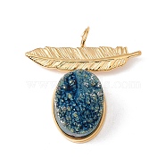 Electroplated Natural Druzy Quartz Pendants, with Ion Plating(IP) 304 Stainless Steel Findings, Blue Plated, Leaf & Oval, Golden, 26x25x9mm, Hole: 3.8mm(G-K243-07G)