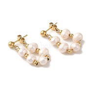 PVD Vacuum Plating 304 Stainless Steel Stud Earrings, with Natural Pearl, Golden, 29.5~30x7mm(EJEW-C085-05G)