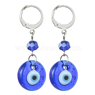 Evil Eye Glass Leverback Earrings, 304 Stainless Steel Dangle Earring for Women, Royal Blue, 42x15mm(EJEW-JE05573-02)