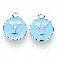 Platinum Plated Alloy Enamel Charms, Cadmium Free & Lead Free, Enamelled Sequins, Flat Round with Letter, Sky Blue, Letter.Y, 14x12x2mm, Hole: 1.5mm(ENAM-S118-04Y-P)