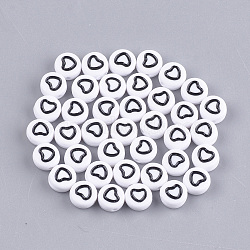 Opaque Acrylic Beads, Flat Round with Heart, White, 7x3.5mm, Hole: 1.2mm(X-MACR-S273-17)