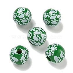 Printed Wood European Beads, Round with Paw Print Pattern, Green, 15.5~16mm, Hole: 4~4.5mm(WOOD-G022-09J)