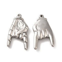 304 Stainless Steel Pendants, Palm Charms, Stainless Steel Color, 37x20x5.5mm, Hole: 1.5mm(STAS-Q001-05P)