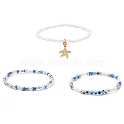 3Pcs 3 Style Glass Seed & ABS Plastic Pearl & Evil Eye Beaded Stretch Bracelets Set, Brass Starfish Charms Stackable Bracelets for Women, Mixed Color, Inner Diameter: 2 inch(5.2cm), 1Pc/style(BJEW-JB09358)