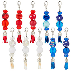 10Pcs Glass & Acrylic & Resin Beaded Pendant Decorations, with Faux Suede Tassel Pendant, with Alloy Lobster Claw Clasps, Mixed Color, 115mm(HJEW-AB00222)
