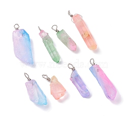 Electroplate Natural Quartz Crystal Pendants, Dyed, with Copper Wire Wrapped, Nuggets, Faceted, Mixed Color, 34.5~54x8.5~18x8.5~10.5mm, Hole: 3.7~4.3mm(PALLOY-JF01167)