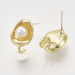 Alloy Stud Earring Findings, with ABS Plastic Imitation Pearl, with Loop, Light Gold, 12x10mm, Hole: 3mm, Pin: 0.6mm(X-PALLOY-S121-248)