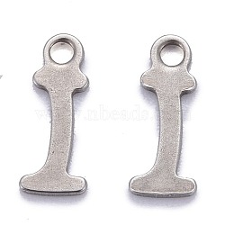 304 Stainless Steel Pendants, Alphabet, Stainless Steel Color, Letter.I, 11x4.5x1mm, Hole: 1.5mm(STAS-Z023-I)
