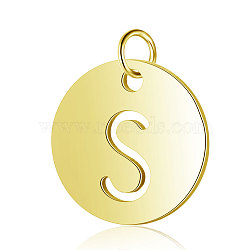 304 Stainless Steel Charms, Flat Round with Letter, Golden, Letter.S, 12x1mm, Hole: 2.5mm(A-STAS-S105-T514G-S)