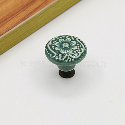 Porcelain Cabinet Door Knobs, Kitchen Drawer Pulls Cabinet Handles, Flat Round with Flower Pattern, Green, 34x32mm(CABI-PW0001-075E)