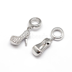 Large Hole Brass Micro Pave Cubic Zirconia European Dangle Charms, with High-Heeled Shoes Charms, Lead Free & Nickel Free & Cadmium Free, Real Platinum Plated, 22mm, Hole: 4mm(CPDL-E024-04P)