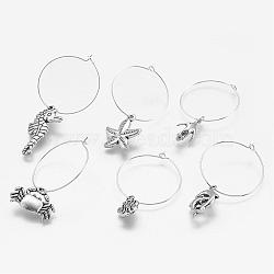 Alloy Wine Glass Charms, with Brass Hoops, Mixed Shapes, Antique Silver, 30mm, 6pcs/set(AJEW-JO00157)