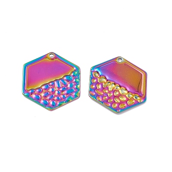 Ion Plating(IP) 304 Stainless Steel Pendants, Hexagon Charm, Rainbow Color, 26x23x1.5mm, Hole: 1.6mm