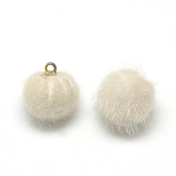 Faux Mink Fur Covered Charms, with Golden Tone Brass Findings, Round, Floral White, 21x18~19mm, Hole: 2mm