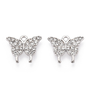 Alloy Charms, with Crystal Rhinestone, Cadmium Free & Nickel Free & Lead Free, Light Gold, Butterfly, Platinum, 12x15x2mm, Hole: 1.4mm