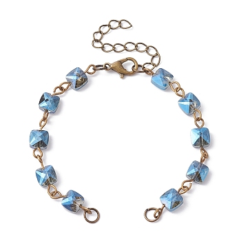 Square Faceted Glass Beaded Link Chain Bracelet Making, with Lobster Claw Clasp, Fit for Connector Charms, Dodger Blue, 6-1/4~6-3/8 inch(15.8~16.2cm)
