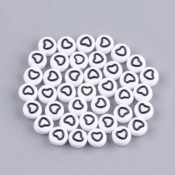 Opaque Acrylic Beads, Flat Round with Heart, White, 7x3.5mm, Hole: 1.2mm