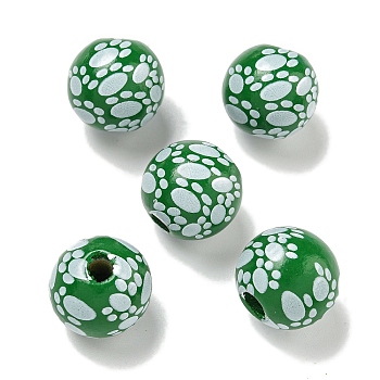 Printed Wood European Beads, Round with Paw Print Pattern, Green, 15.5~16mm, Hole: 4~4.5mm