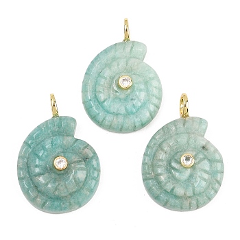 Natural Amazonite Pendants, Conch Charms with Brass Micro Pave Clear Cubic Zirconia Findings, 33~34x22~23.5x10.5mm, Hole: 4.5mm