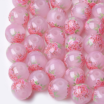 Printed & Spray Painted Imitation Jade Glass Beads, Round with Flower Pattern, Hot Pink, 8~8.5x7.5mm, Hole: 1.4mm