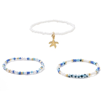 3Pcs 3 Style Glass Seed & ABS Plastic Pearl & Evil Eye Beaded Stretch Bracelets Set, Brass Starfish Charms Stackable Bracelets for Women, Mixed Color, Inner Diameter: 2 inch(5.2cm), 1Pc/style