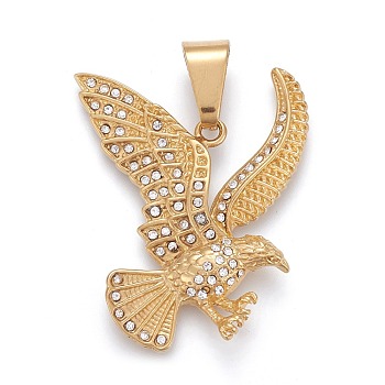 304 Stainless Steel Pendants, with Crystal Rhinestone, Eagle, Golden, 45x39x5mm, Hole: 6.5x11.5mm