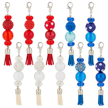 10Pcs Glass & Acrylic & Resin Beaded Pendant Decorations, with Faux Suede Tassel Pendant, with Alloy Lobster Claw Clasps, Mixed Color, 115mm