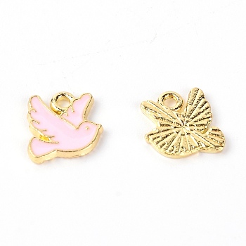 Zinc Alloy Enamel Charms, Pigeon, Light Gold, Pink, 10.5x10.5x1.5mm, Hole: 1.5mm