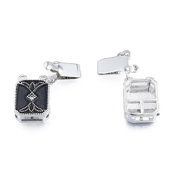 Brass Pave Clear Cubic Zirconia Box Clasps, with Black Enamel, Nickel Free, Rectangle, Platinum, 25mm, Rectangle: 14x10x5mm, Hole: 1.2mm