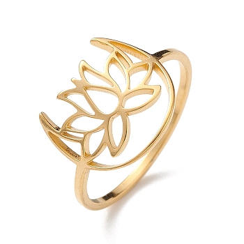 Hollow Out Lotus 304 Stainless Steel Finger Ring for Women, Golden, Inner Diameter: 17mm