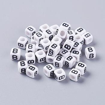 Acrylic Horizontal Hole Letter Beads, Cube, White, Letter B, Size: about 6mm wide, 6mm long, 6mm high, hole: about 3.2mm, about 2600pcs/500g