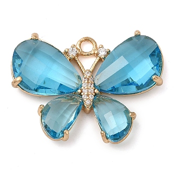 Rack Plating Brass Clear Cubic Zirconia Pendants, with Glass, Lead Free & Cadmium Free, Long-Lasting Plated, Butterfly, Real 14K Gold Plated, Sky Blue, 22x29x5mm, Hole: 2mm