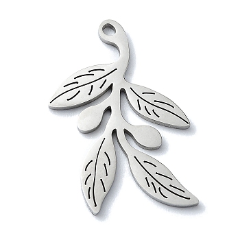 304 Stainless Steel Pendants, Laser Cut, Leafy Branch Charms, Stainless Steel Color, 23.5x15.5x1mm, Hole: 1.2mm