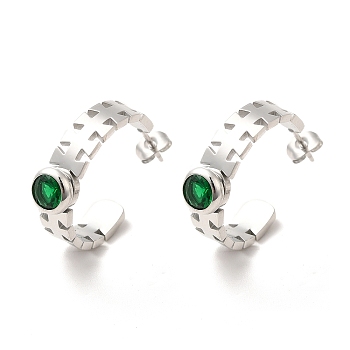 Emerald Rhinestone Geometry Stud Earrings, 304 Stainless Steel Half Hoop Earrings for Women, Stainless Steel Color, 22x7x22mm, Pin: 0.8mm