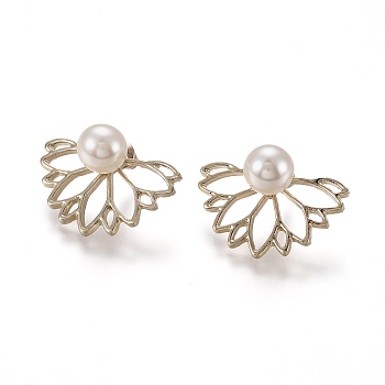 Alloy Stud Earrings, Front Back Stud Earrings, with Plastic Imitation Pearl Beads and Ear Nuts, Flower, Golden, 16x24.5x1.5mm, Pin: 0.8mm
