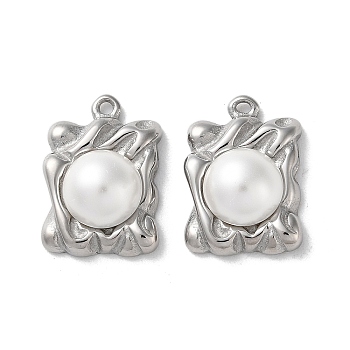 304 Stainless Steel Pendants, with ABS Plastic Pearl, Rectangle Charm, Stainless Steel Color, 19x13.5x6.5mm, Hole: 1.4mm