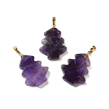 Natural Amethyst Pendants, Christmas Tree Charms with Rack Plating Brass Snap on Bails, Golden, 34x20x5mm, Hole: 8x5mm