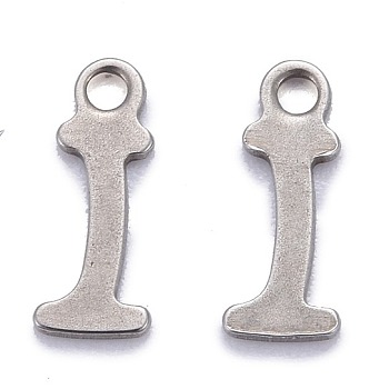 304 Stainless Steel Pendants, Alphabet, Stainless Steel Color, Letter.I, 11x4.5x1mm, Hole: 1.5mm