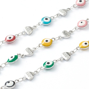 304 Stainless Steel Enamel  Link Chains, Evil Eye & Heart with Word Love, Unwelded, with Spool, Stainless Steel Color, Mixed Color, Evil Eye: 11x6x3mm, Heart: 10x5x2mm, 16.4 Feet(5m)/roll