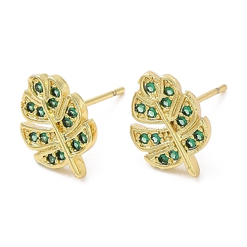 Rack Plating Brass Leaf Stud Earrings with Cubic Zirconia, Lead Free & Cadmium Free, Real 18K Gold Plated, 12x8mm