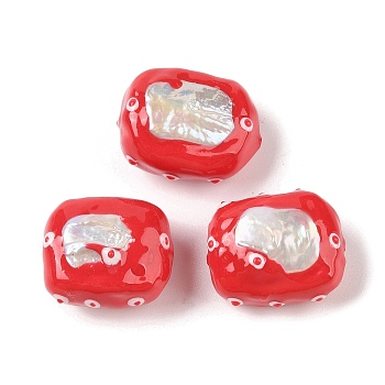 Natural Pearl Enamel Beads, Hand Drawn Beads, Rectangle, Red, 25~28x20~22x14~16mm, Hole: 1.4mm