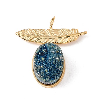 Electroplated Natural Druzy Quartz Pendants, with Ion Plating(IP) 304 Stainless Steel Findings, Blue Plated, Leaf & Oval, Golden, 26x25x9mm, Hole: 3.8mm