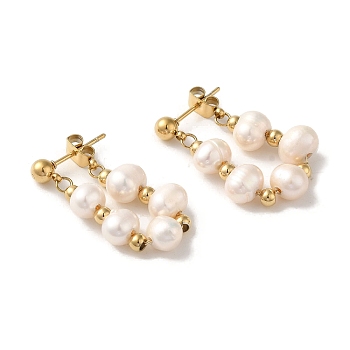 PVD Vacuum Plating 304 Stainless Steel Stud Earrings, with Natural Pearl, Golden, 29.5~30x7mm